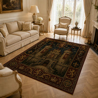 Stone Keep and Rampant Lions - Heraldic Tapestry Floor Composition