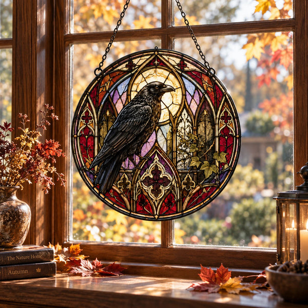 The Raven Sits Still - Gothic Stained-Glass Round Window Hanging - main