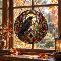 The Raven Sits Still - Gothic Stained-Glass Round Window Hanging