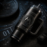 Hybrid Athlete - Monochrome Badge Composition on a Tumbler