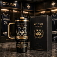 UCONN Crest - Gold Heraldry on a Black Tumbler