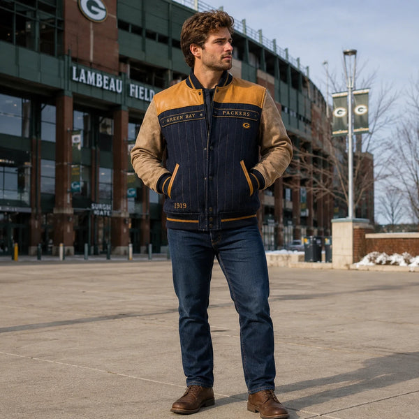 GB Heritage - Pinstripe Varsity Jacket with Tan Sleeve Panels - main