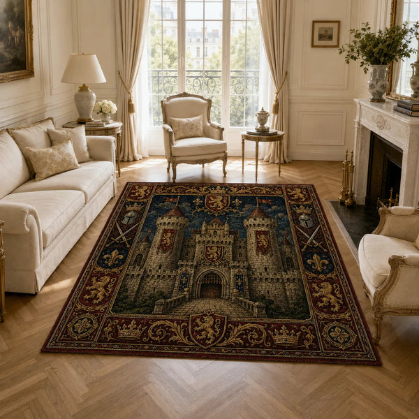 Stone Keep and Rampant Lions - Heraldic Tapestry Floor Composition - main