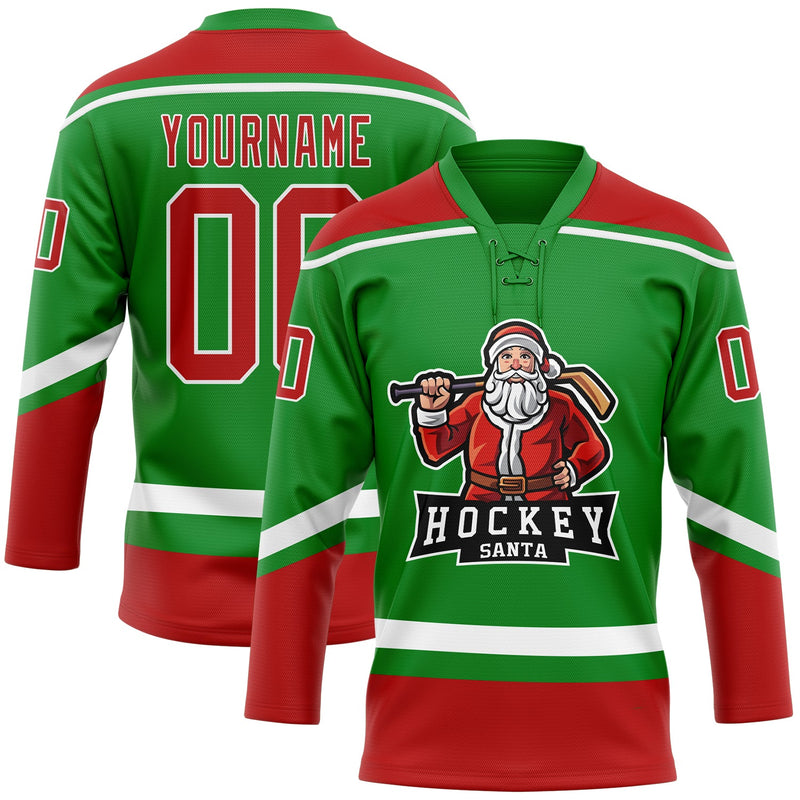 Custom Hockey Jersey, Green Red White Sportswear Jersey Shirt, Athletic Long Sleeve V Neck Jersey, Casual Gift for Men, Style 3DPattern1825