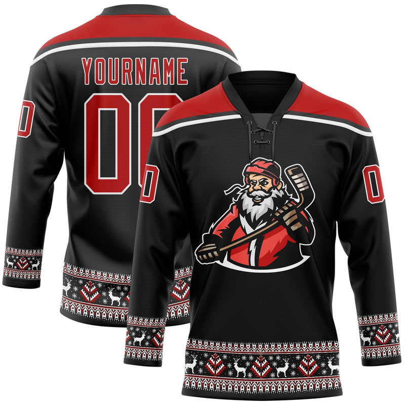 Custom Hockey Jersey, Black Red White Sportswear Jersey Shirt, Athletic Long Sleeve V Neck Jersey, Casual Gift for Men, Style 3DPattern1832