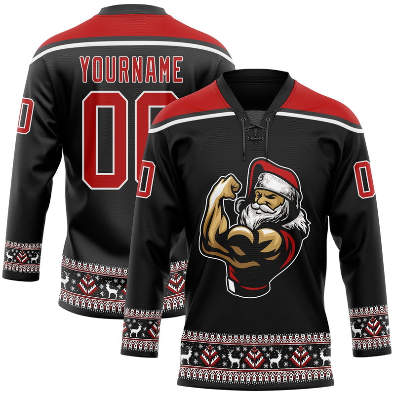 Custom Hockey Jersey, Black Red White Sportswear Jersey Shirt, Athletic Long Sleeve V Neck Jersey, Casual Gift for Men, Style 3DPattern1872