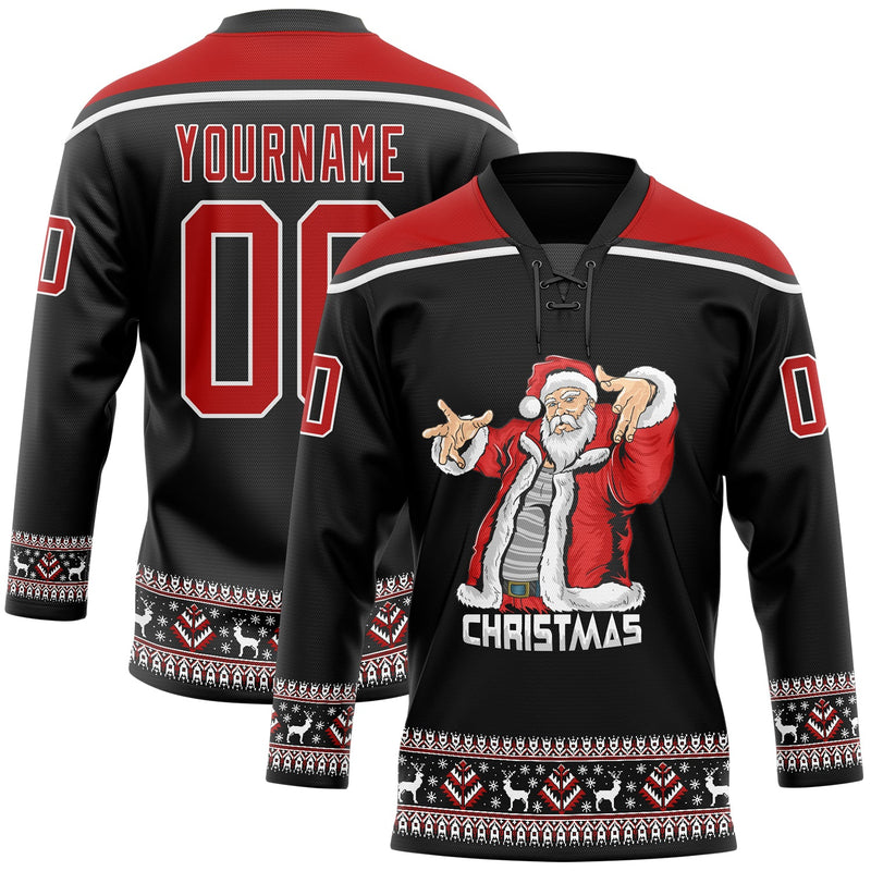 Custom Hockey Jersey, Black Red White Sportswear Jersey Shirt, Athletic Long Sleeve V Neck Jersey, Casual Gift for Men, Style 3DPattern1884