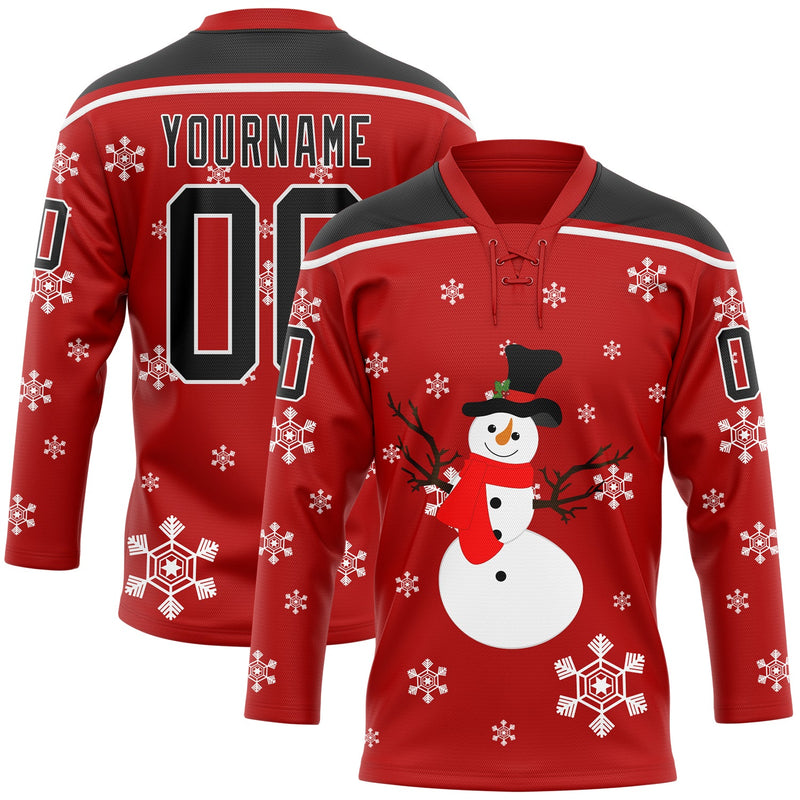 Custom Hockey Jersey, Red Black White Sportswear Jersey Shirt, Athletic Long Sleeve V Neck Jersey, Casual Gift for Men, Style 3DPattern1891
