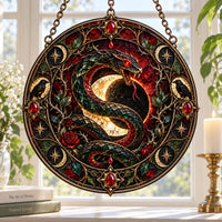 Coiled Under the Crescent - Serpent and Raven Round Window Hanging