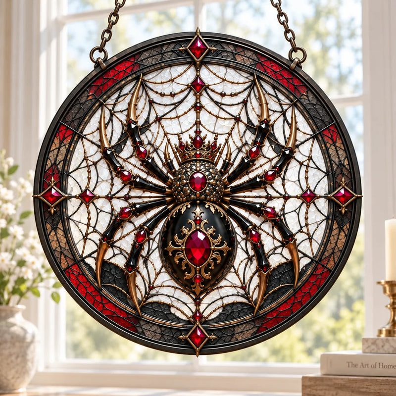Crowned Arachne - Ruby and Obsidian Round Window Hanging