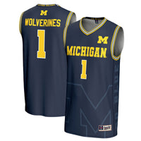 Michigan Wolverines Icon Print Basketball Jersey, Navy Fashion Sportswear Jersey Shirt, Sleeveless Athletic Tank Jersey, Casual Gift for Men