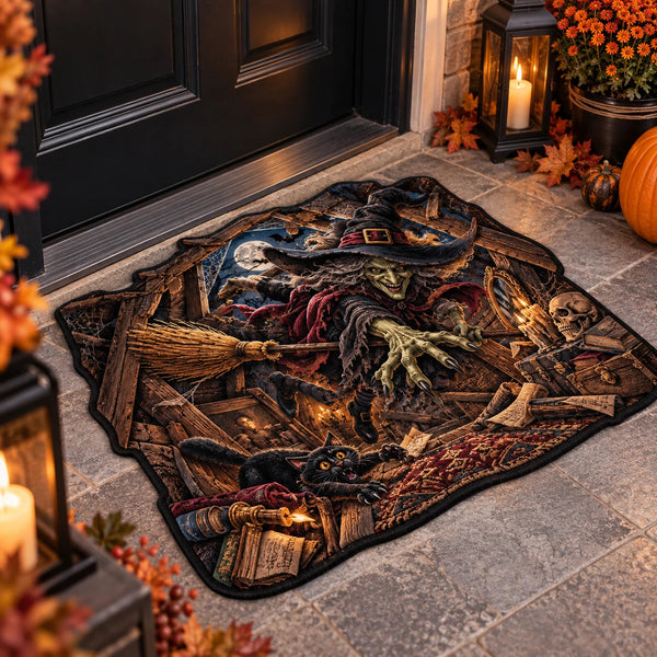 Attic Breach - Green Witch and Black Cat Doormat - main