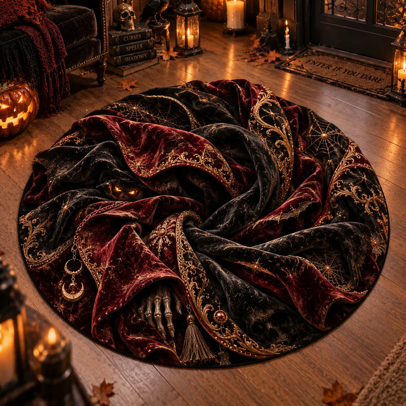 Midnight Spiral - Crimson and Gold Gothic Round Rug