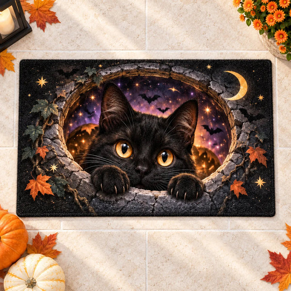 Golden Eyes at the Threshold - Black Cat Doormat - main
