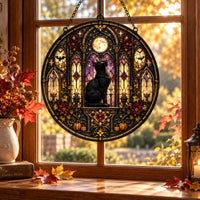 Moonlit Cathedral - Black Cat Round Window Hanging