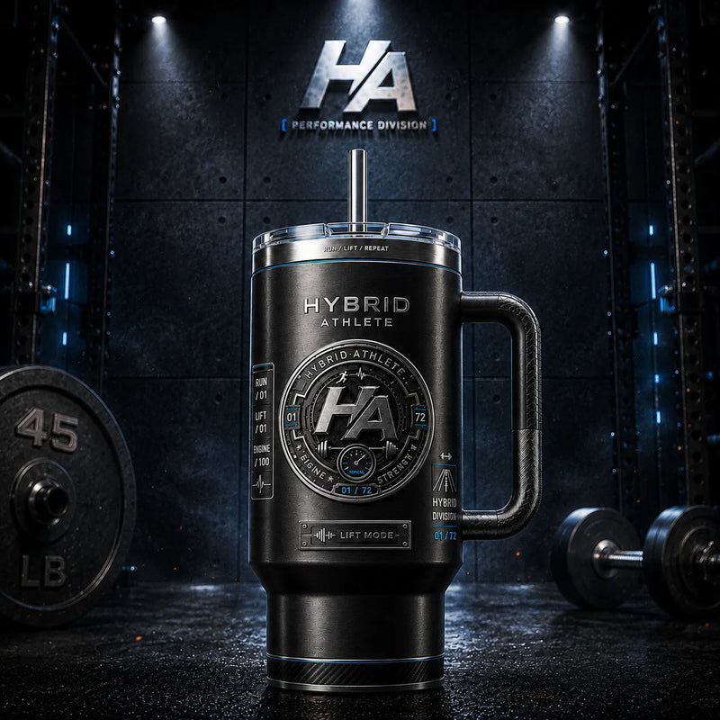 Hybrid Athlete - Monochrome Badge Composition on a Tumbler