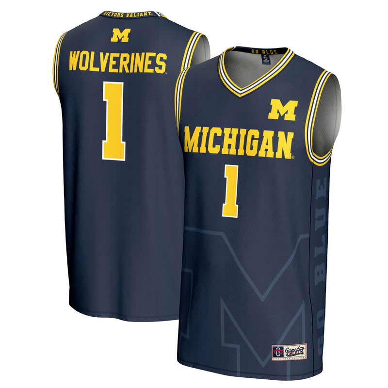 Michigan Wolverines Icon Print Basketball Jersey, Navy Fashion Sportswear Jersey Shirt, Sleeveless Athletic Tank Jersey, Casual Gift for Men