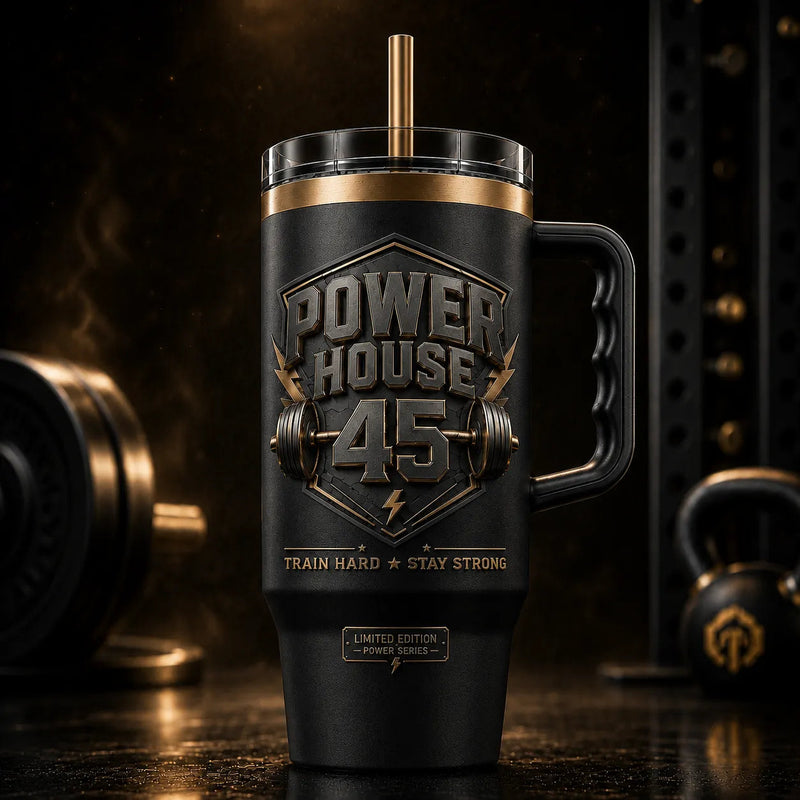 Powerhouse 45 - Blackout Emblem Tumbler in Brass Relief