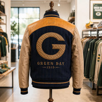 GB Heritage - Pinstripe Varsity Jacket with Tan Sleeve Panels