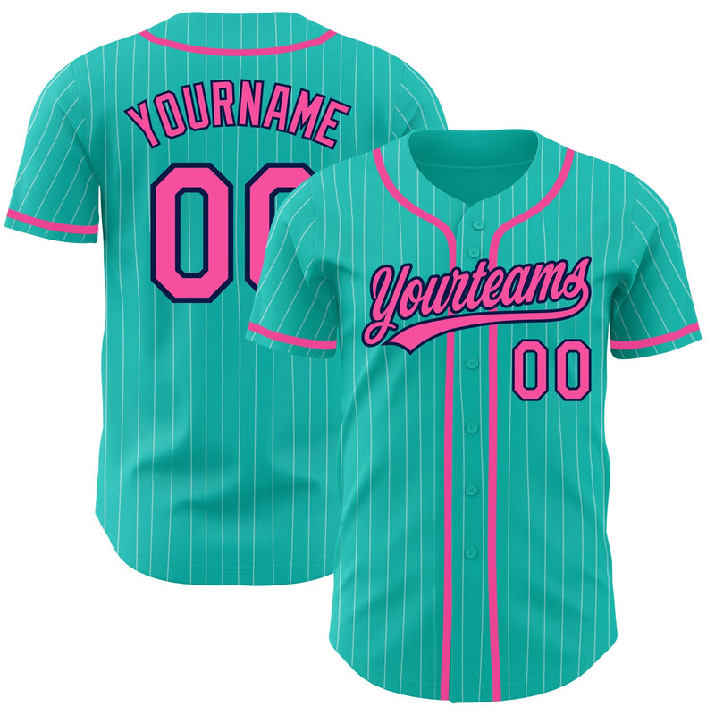 Custom Baseball Jersey, Aqua White Pink Pinstripe Sportswear Jersey Shirt, Athletic Button Down Moisture Wicking Jersey, Casual Gift for Men