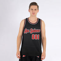 Custom Basketball Jersey, Black Red White Sportswear Jersey Shirt, Athletic Mesh Moisture Wicking Jersey, Casual Gift for Men, Style Black0281