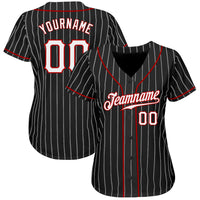 Custom Baseball Jersey, Black White Red Pinstripe Sportswear Jersey Shirt, Athletic Button Down Moisture Wicking Jersey, Casual Gift for Men