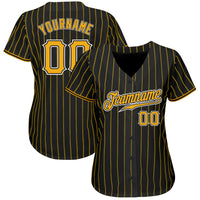 Custom Baseball Jersey, Black Gold White Pinstripe Sportswear Jersey Shirt, Athletic Button Down Moisture Wicking Jersey, Casual Gift for Men