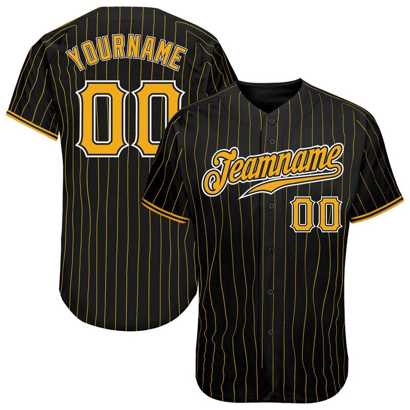 Custom Baseball Jersey, Black Gold White Pinstripe Sportswear Jersey Shirt, Athletic Button Down Moisture Wicking Jersey, Casual Gift for Men