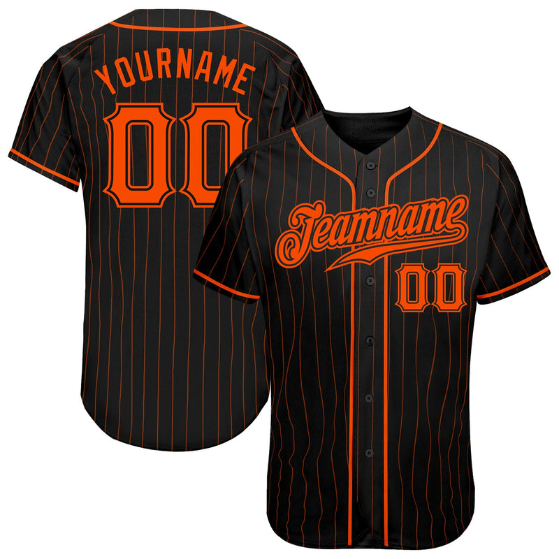 Custom Baseball Jersey, Black Orange Pinstripe Sportswear Jersey Shirt, Athletic Button Down Moisture Wicking Jersey, Casual Gift for Men