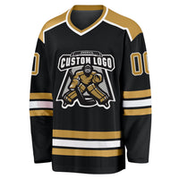 Custom Hockey Jersey, Black Old Gold White Sportswear Jersey Shirt, Athletic Long Sleeve V Neck Jersey, Casual Gift for Men