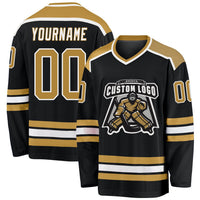 Custom Hockey Jersey, Black Old Gold White Sportswear Jersey Shirt, Athletic Long Sleeve V Neck Jersey, Casual Gift for Men