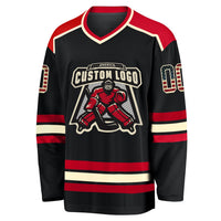 Vintage Hockey Jersey, Black Cream Red Sportswear Jersey Shirt, Athletic Long Sleeve V Neck Jersey, Casual Gift for Men