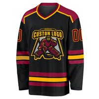 Custom Hockey Jersey, Black Maroon Gold Sportswear Jersey Shirt, Athletic Long Sleeve V Neck Jersey, Casual Gift for Men, Style Black1033