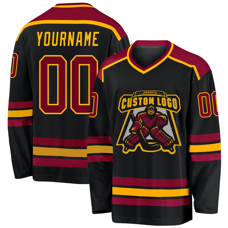 Custom Hockey Jersey, Black Maroon Gold Sportswear Jersey Shirt, Athletic Long Sleeve V Neck Jersey, Casual Gift for Men, Style Black1033