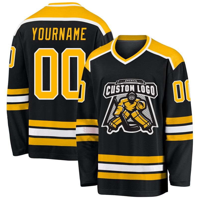 Custom Hockey Jersey, Black Gold White Sportswear Jersey Shirt, Athletic Long Sleeve V Neck Jersey, Casual Gift for Men, Style Black1034