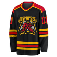 Custom Hockey Jersey, Black Red Gold Sportswear Jersey Shirt, Athletic Long Sleeve V Neck Jersey, Casual Gift for Men, Style Black1038