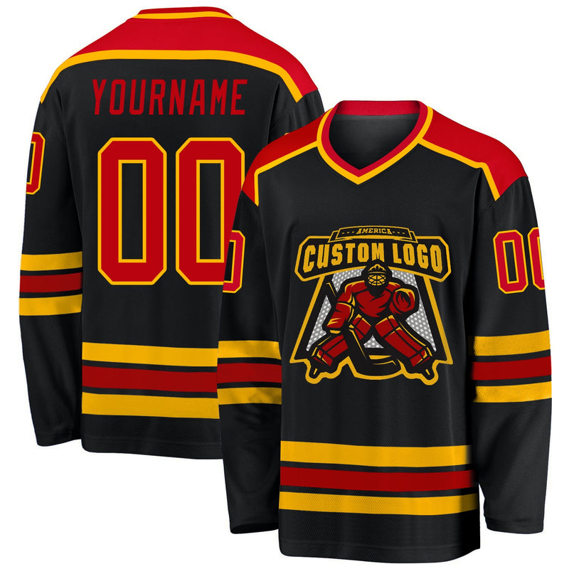 Custom Hockey Jersey, Black Red Gold Sportswear Jersey Shirt, Athletic Long Sleeve V Neck Jersey, Casual Gift for Men, Style Black1038