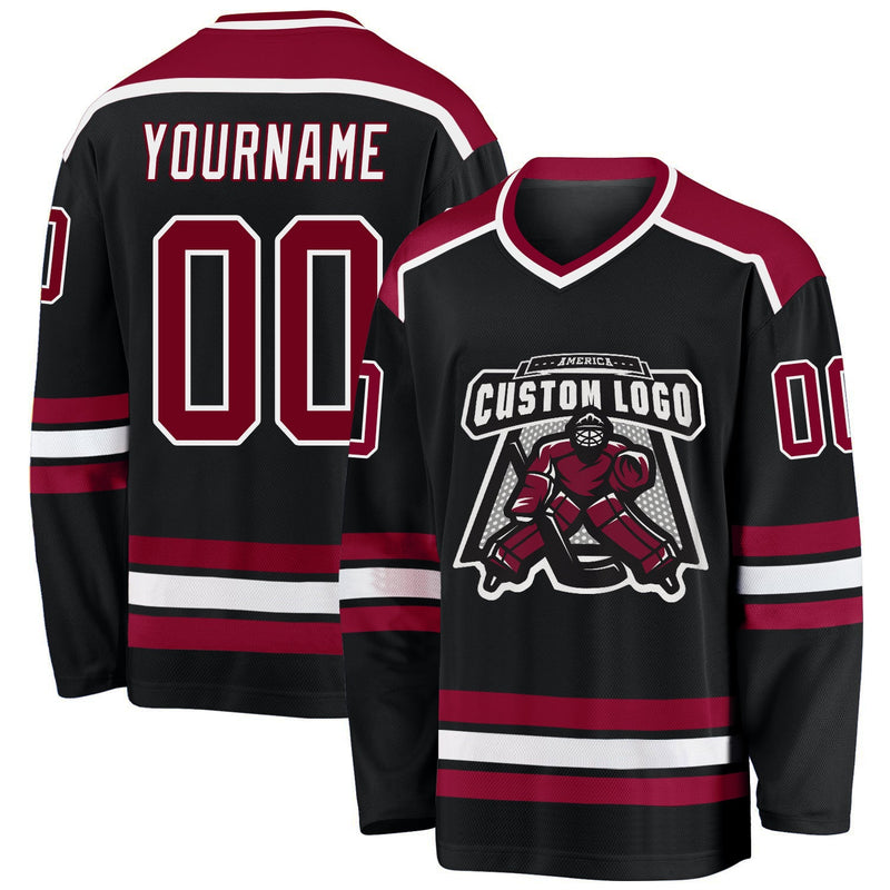 Custom Hockey Jersey, Black Maroon White Sportswear Jersey Shirt, Athletic Long Sleeve V Neck Jersey, Casual Gift for Men, Style Black1046