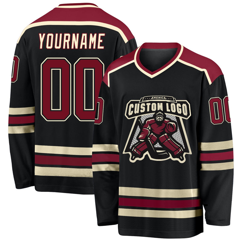 Custom Hockey Jersey, Black Crimson Cream Sportswear Jersey Shirt, Athletic Long Sleeve V Neck Jersey, Casual Gift for Men