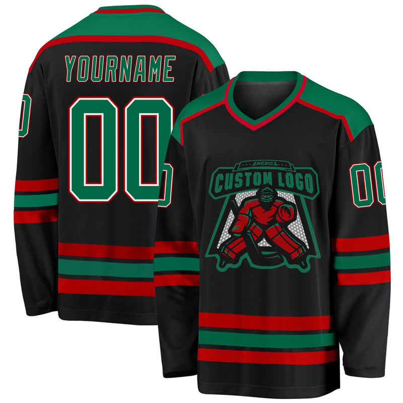 Custom Hockey Jersey, Black Kelly Green Sportswear Jersey Shirt, Athletic Long Sleeve V Neck Jersey, Casual Gift for Men, Style Black1048