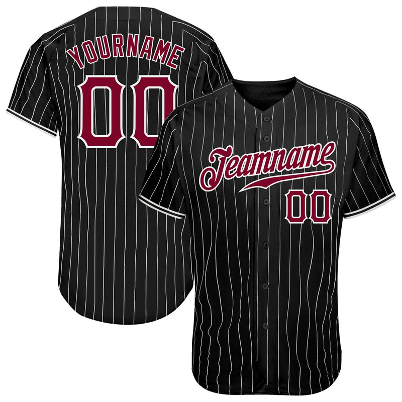 Custom Baseball Jersey, Black White Maroon Pinstripe Sportswear Jersey Shirt, Athletic Button Down Moisture Wicking Jersey, Casual Gift for Men