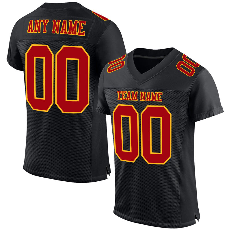Custom Football Jersey, Black Red Gold Sportswear Jersey Shirt, Athletic Mesh Moisture Wicking Jersey, Casual Gift for Men