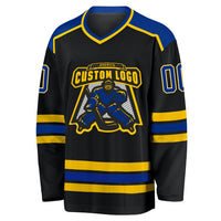 Custom Hockey Jersey, Black Royal Gold Sportswear Jersey Shirt, Athletic Long Sleeve V Neck Jersey, Casual Gift for Men