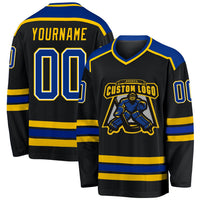 Custom Hockey Jersey, Black Royal Gold Sportswear Jersey Shirt, Athletic Long Sleeve V Neck Jersey, Casual Gift for Men