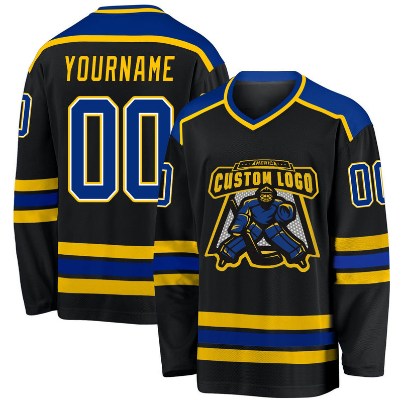 Custom Hockey Jersey, Black Royal Gold Sportswear Jersey Shirt, Athletic Long Sleeve V Neck Jersey, Casual Gift for Men