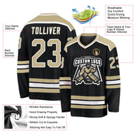 Custom Hockey Jersey, Black Vegas Gold White Sportswear Jersey Shirt, Athletic Long Sleeve V Neck Jersey, Casual Gift for Men