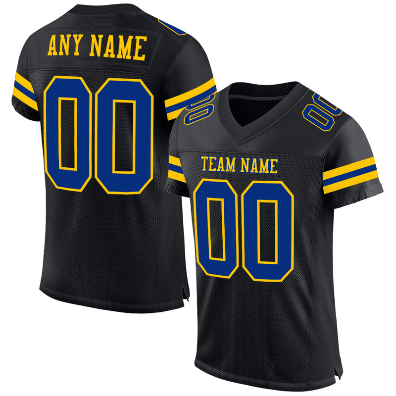 Custom Football Jersey, Black Royal Yellow Sportswear Jersey Shirt, Athletic Mesh Moisture Wicking Jersey, Casual Gift for Men