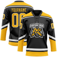 Custom Hockey Jersey, Black Gold White Sportswear Jersey Shirt, Athletic Long Sleeve V Neck Jersey, Casual Gift for Men, Style Black1617