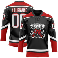 Custom Hockey Jersey, Black White Red Sportswear Jersey Shirt, Athletic Long Sleeve V Neck Jersey, Casual Gift for Men, Style Black1618