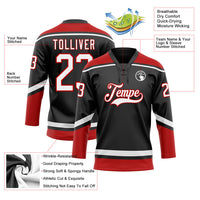 Custom Hockey Jersey, Black White Red Sportswear Jersey Shirt, Athletic Long Sleeve V Neck Jersey, Casual Gift for Men, Style Black1618